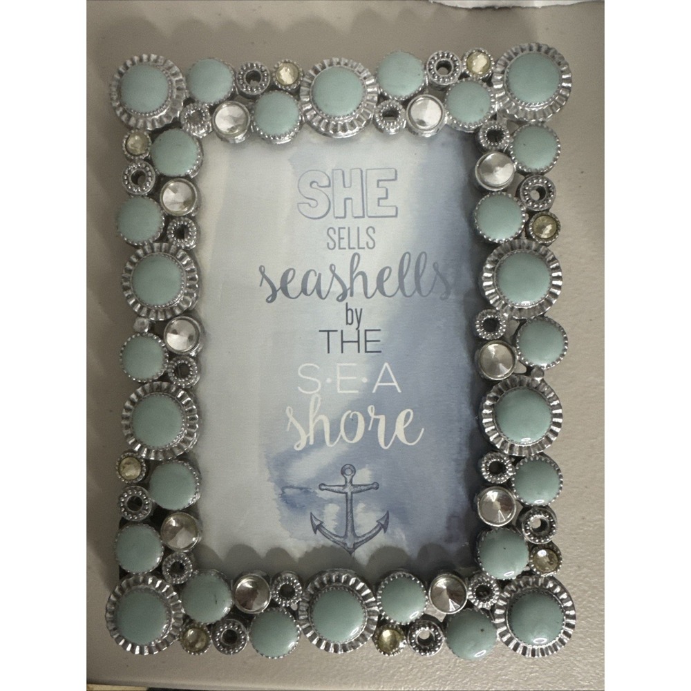 "She Sells Seashells By The SEA Shore" Teal Blue Rhinestones 4 X 6 Picture Frame